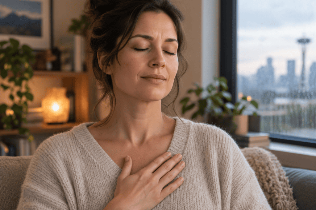 Person resting a hand over their heart with eyes closed, taking a slow, self-compassionate breath.