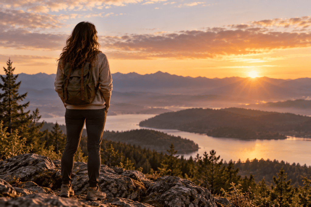 Person standing on a hilltop at sunrise facing the horizon with quiet resolve.
