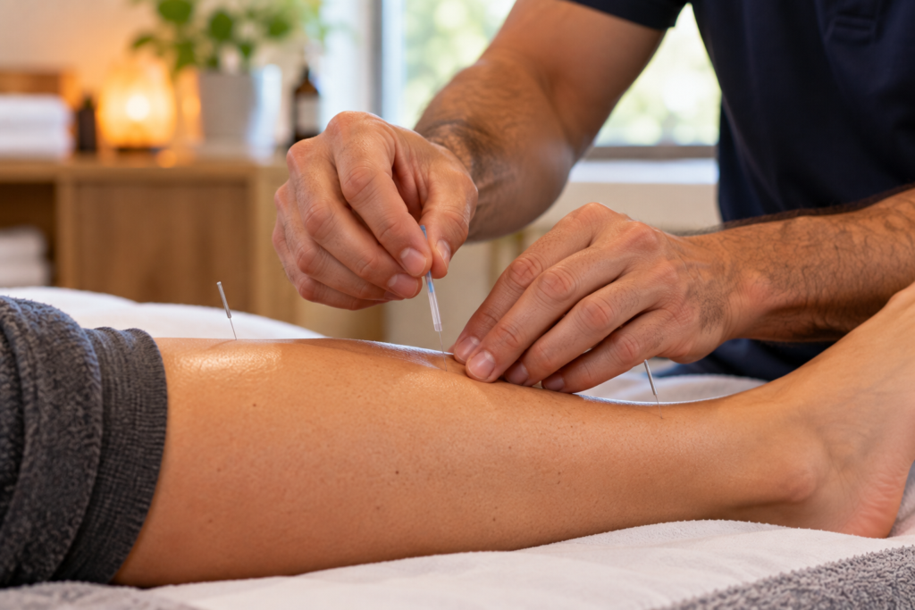 Practitioner's hands placing a fine needle with a slim guide tube into a relaxed patient's lower leg.