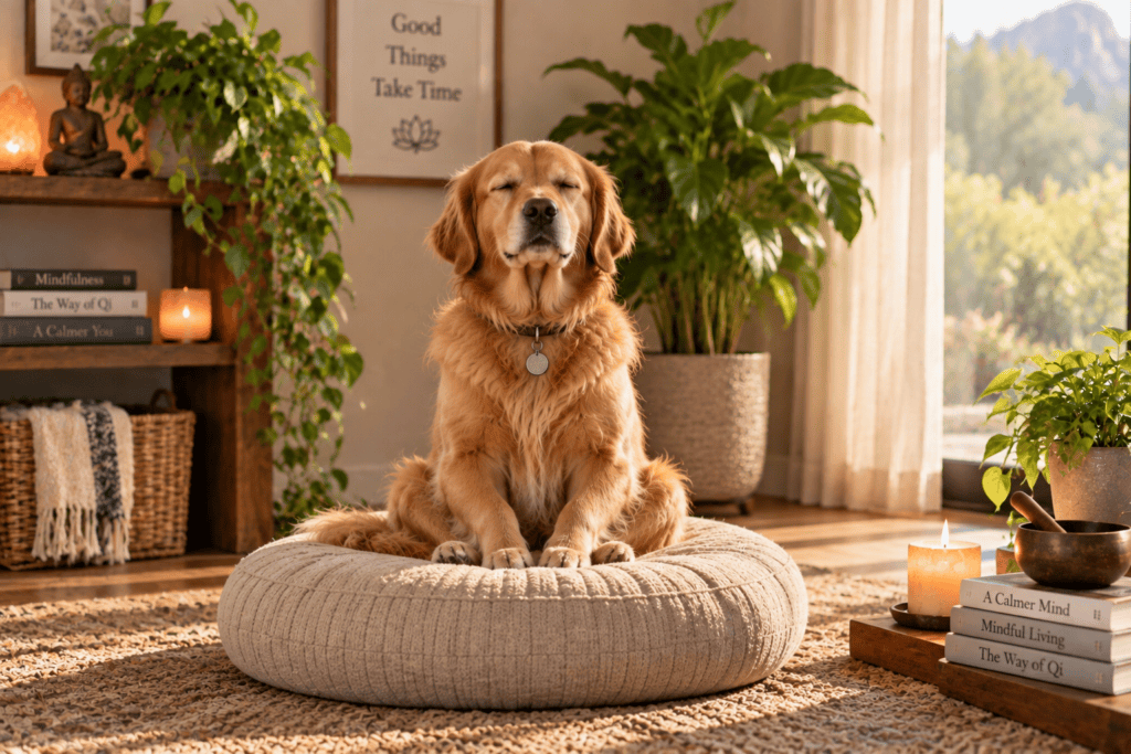 Serene quiet corner with a meditation cushion by a window in soft natural light with a plant.