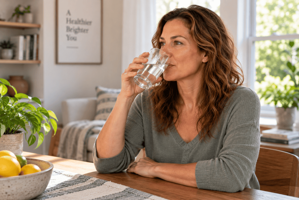 Person calmly drinking a glass of water at home, staying hydrated to help prevent dizziness.