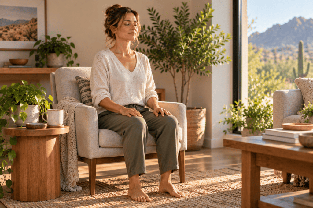 Woman sitting comfortably with her feet on the floor while practicing a beginner breathing meditation.