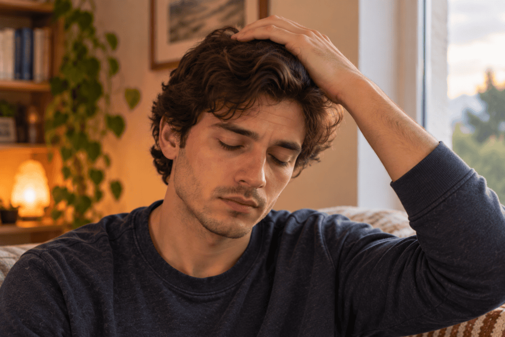 Person gently pressing the top of their head with eyes closed, taking a slow breath in a moment of self-comfort.