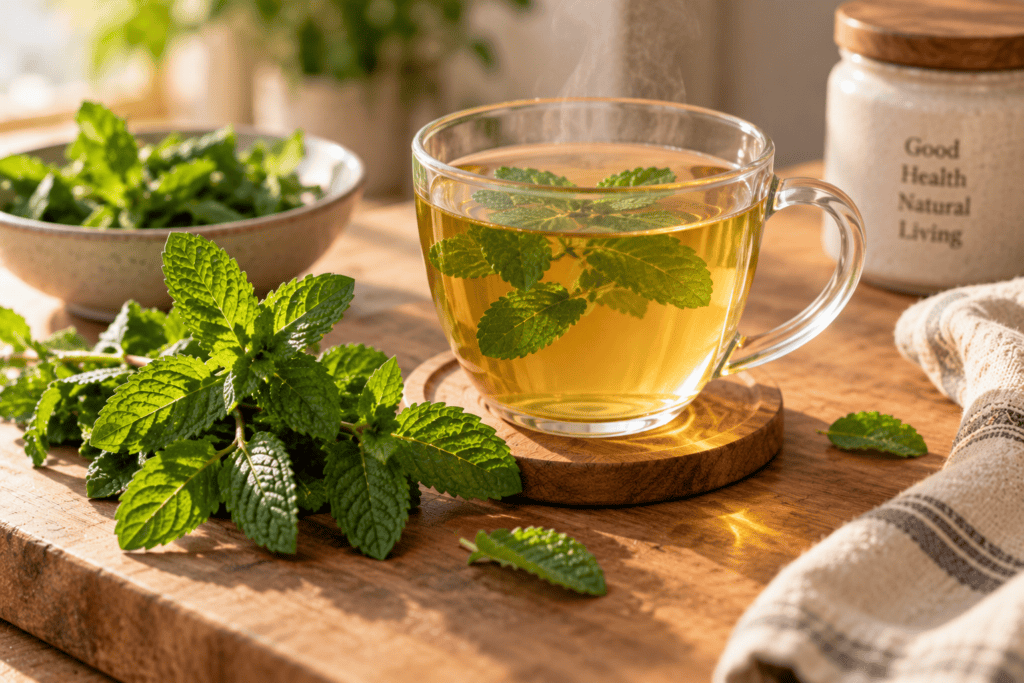 A warm cup of peppermint tea beside fresh peppermint leaves on a clean wooden surface.