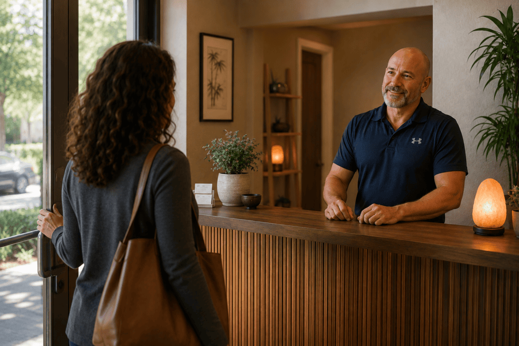 Person arriving calmly at a warm, welcoming acupuncture clinic for an appointment.