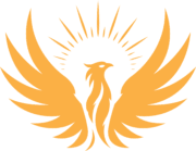 Orange phoenix with outstretched wings and radiating sunburst, the logo of Above & Beyond Acupuncture