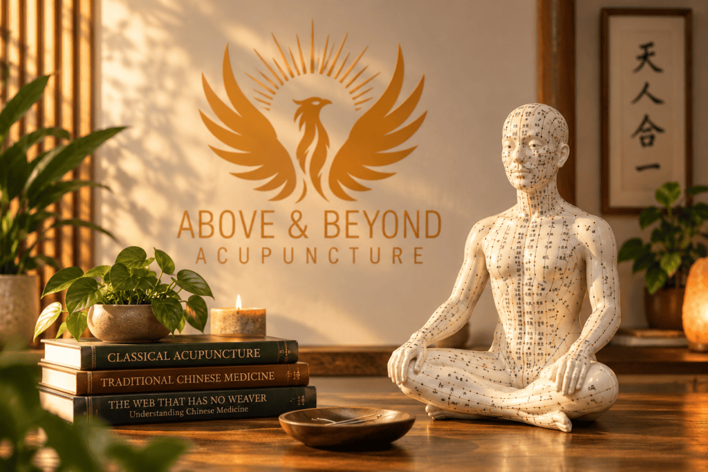 Traditional acupuncture meridian model displayed with Chinese medicine books inside Above & Beyond Acupuncture.