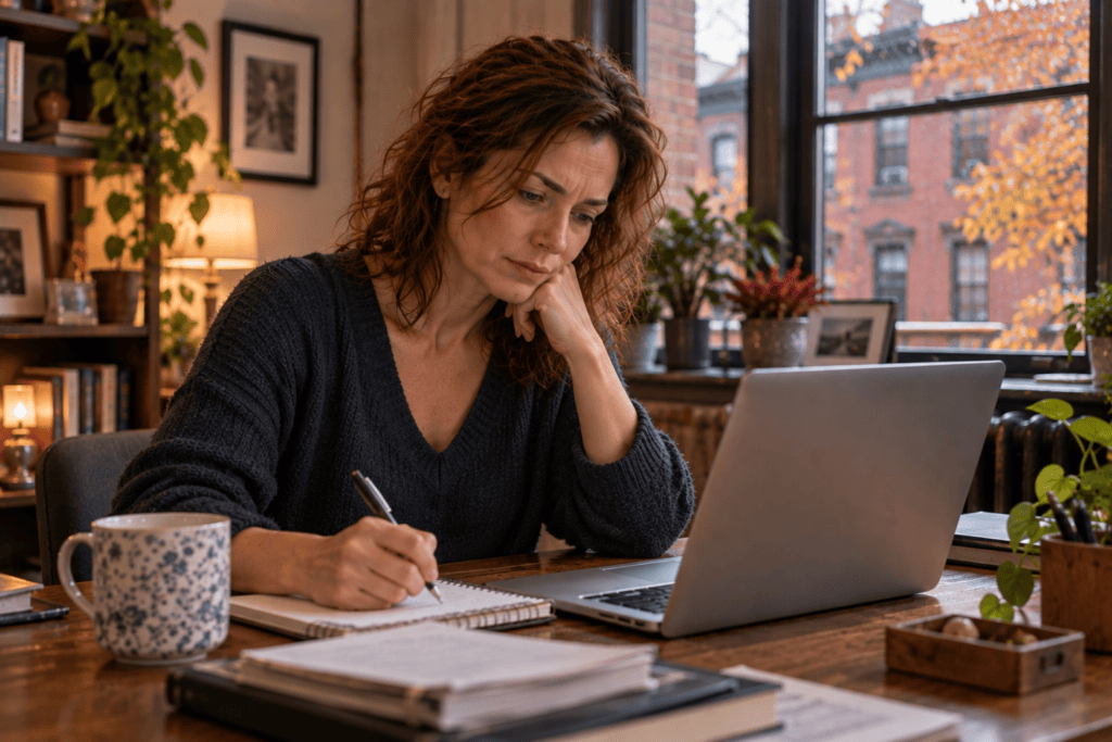 Woman calmly reviewing a mistake and thinking about what she can do differently next time.