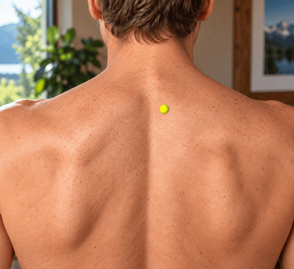 Close-up of an upper back with yellow dot markers two finger-widths out from the spine just below the base of the neck, indicating BL11.