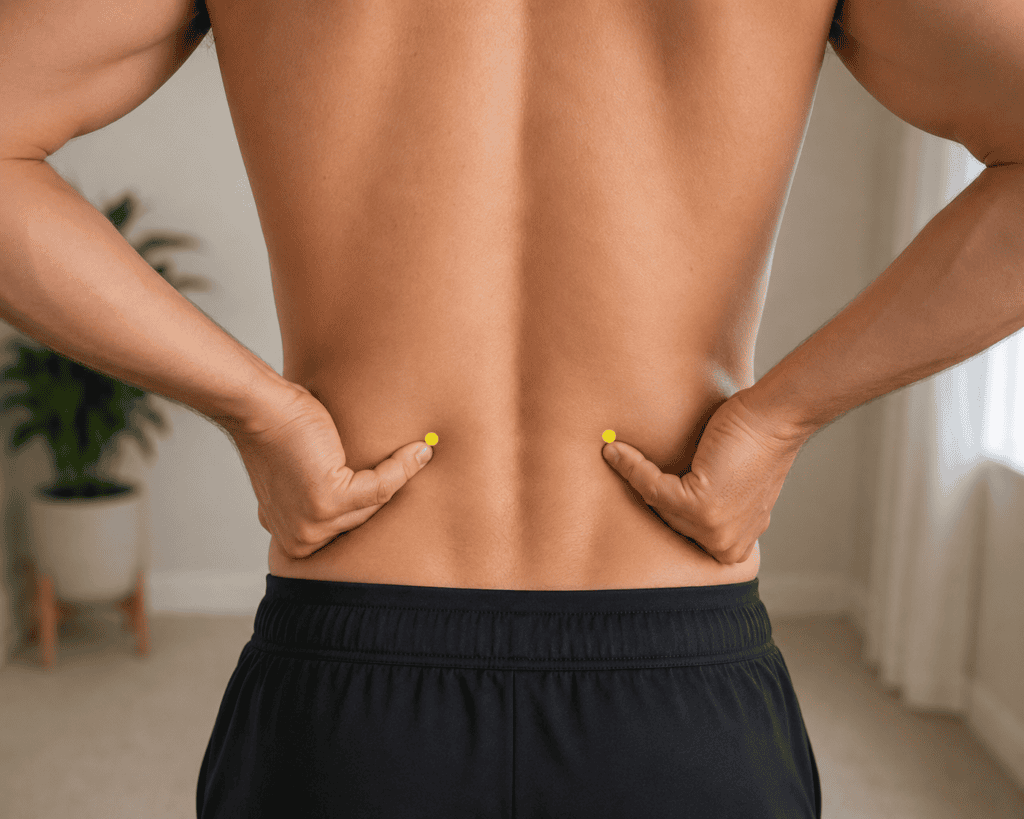 Close-up of a lower back with yellow dot markers two finger-widths to each side of the spine at waist level, indicating BL23.