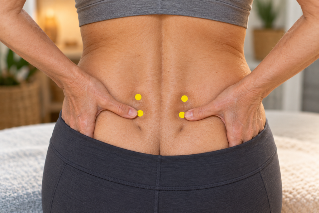 Close-up of the sacrum with yellow dot markers in the second and third dimples on each side of the midline, indicating BL32 and BL33.