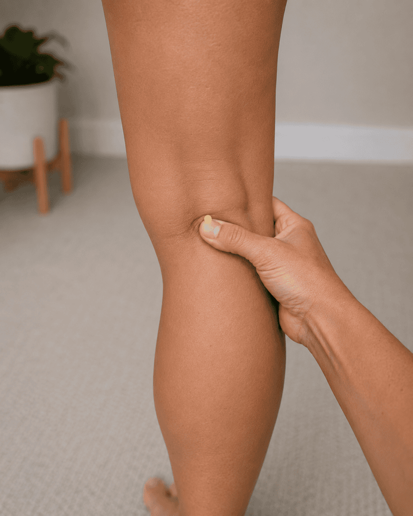 Close-up of the back of a knee with a dot marker in the center of the knee crease, indicating BL40.