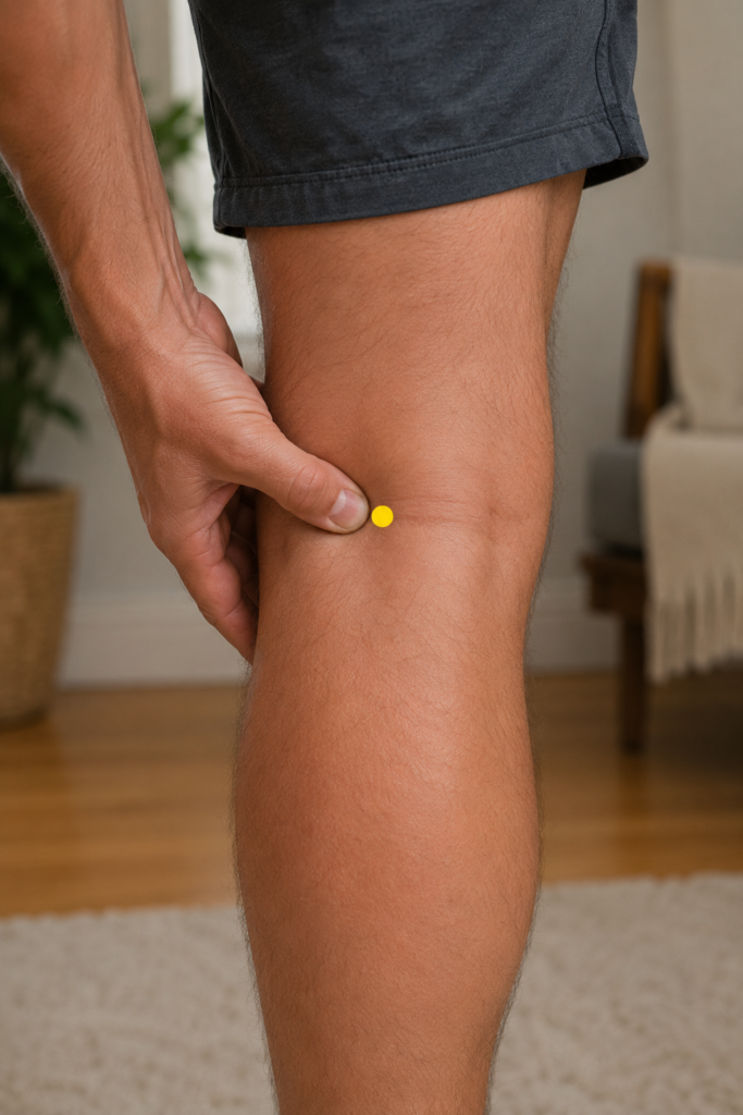 Close-up of the back of a knee with a yellow dot marker in the center of the knee crease, indicating BL40.