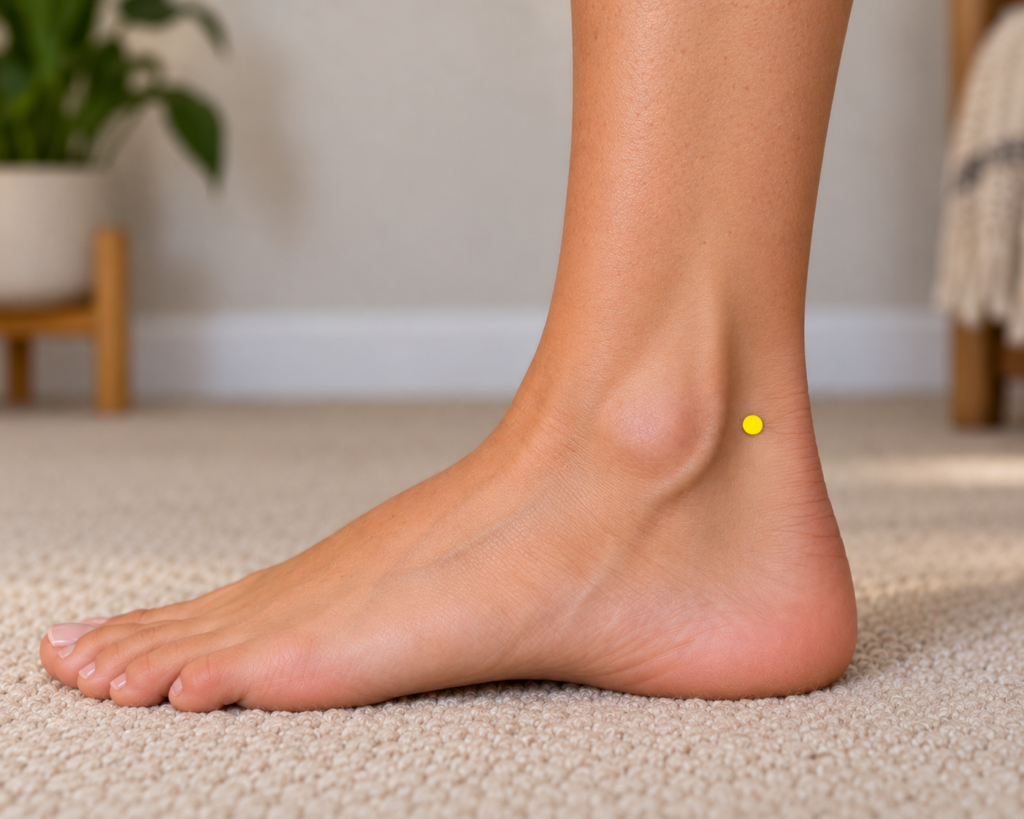 Close-up of an outer ankle with a yellow dot marker in the hollow between the ankle bone and the Achilles tendon, indicating BL60.