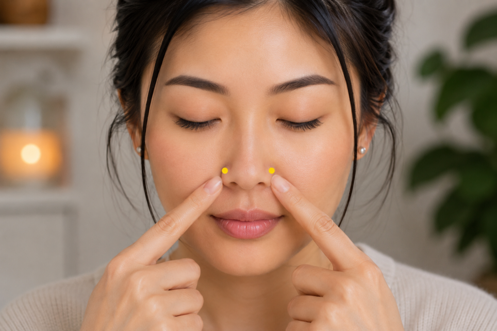 Close-up of a face with yellow dot markers on each side of the nose where the bony bridge meets the cartilage, indicating Bitong.