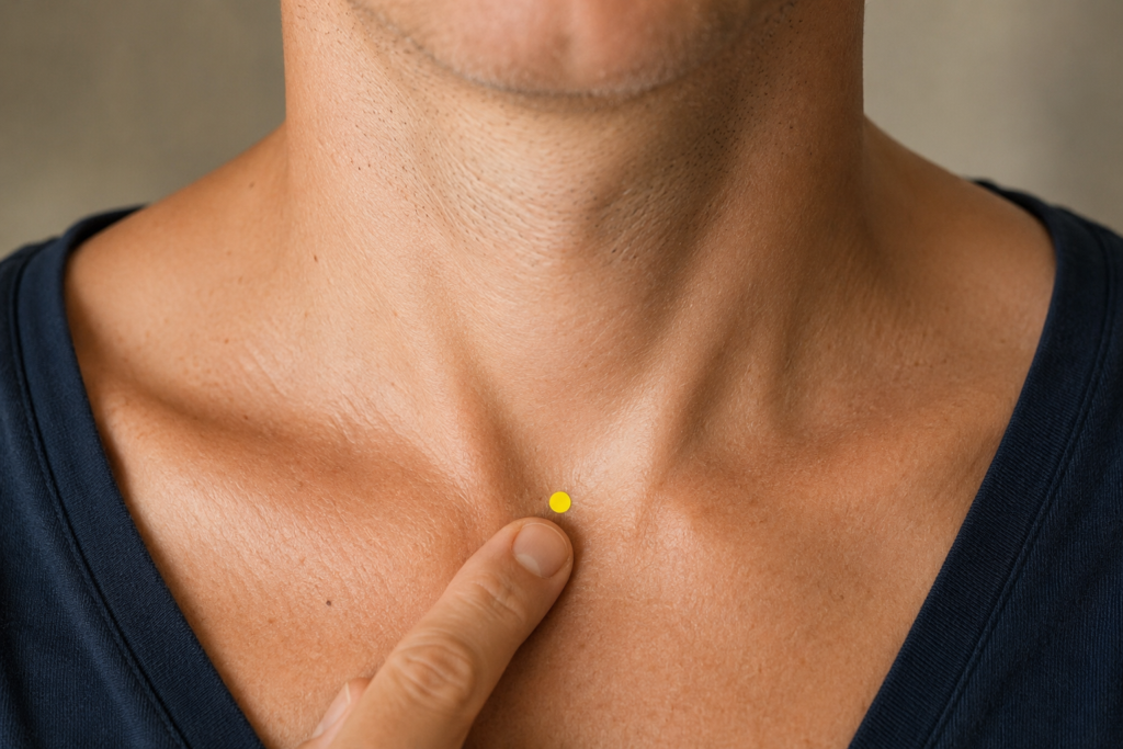 Close-up of the base of the throat with a yellow dot marker in the hollow just above the top of the breastbone, indicating CV22.