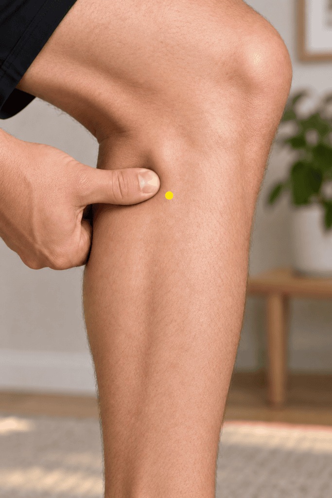 Close-up of an outer lower leg with a yellow dot marker in the hollow below and in front of the bony knob below the knee, indicating GB34.