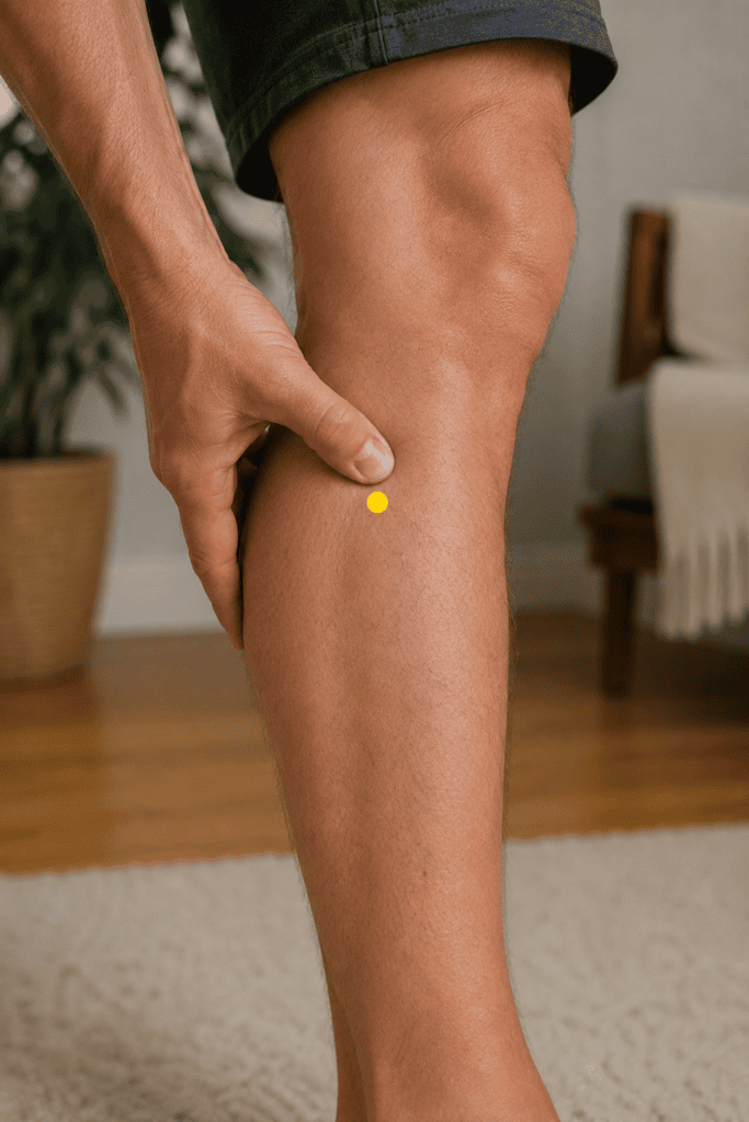 Close-up of an outer lower leg with a yellow dot marker in the hollow below and in front of the bony knob below the knee, indicating GB34.