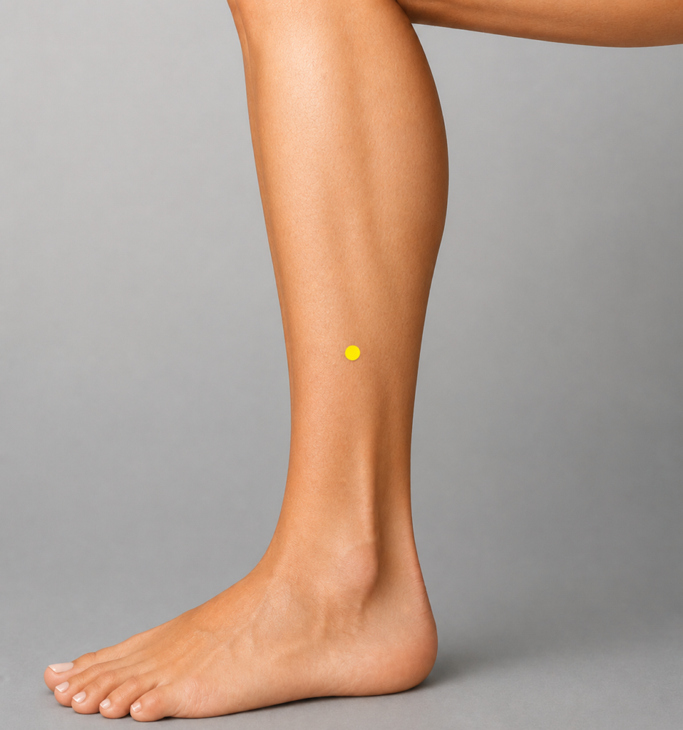 Close-up of an outer lower leg with a yellow dot marker a hand's width above the outer ankle bone in front of the fibula, indicating GB37.