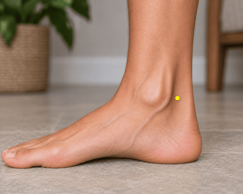Close-up of an inner ankle with a yellow dot marker in the hollow between the ankle bone and the Achilles tendon, indicating KI3.
