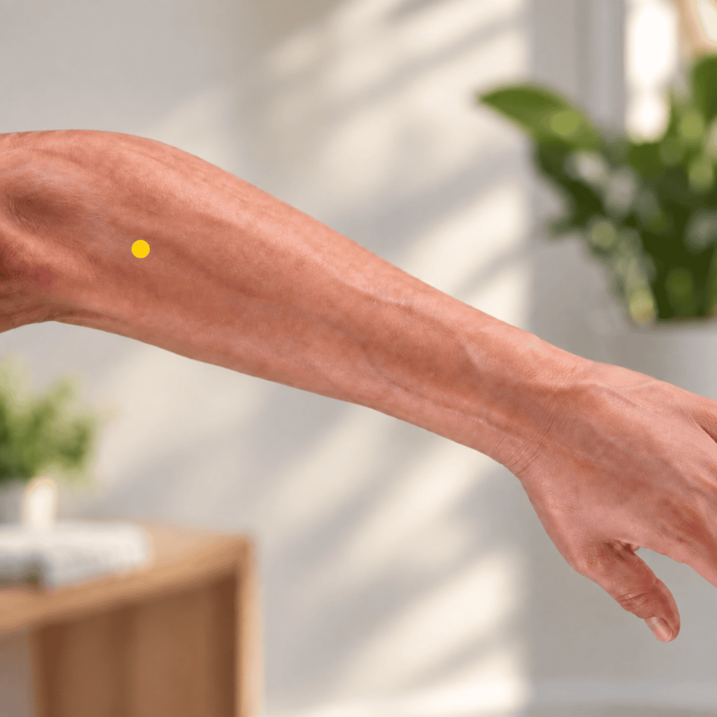 Close-up of a forearm with a yellow dot marker three finger-widths below the elbow crease on the top of the forearm, indicating LI10.