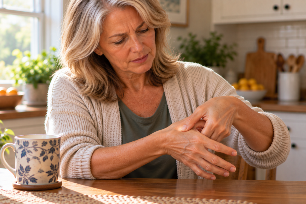 Woman pressing LI4 between the thumb and index finger to support numb and tingling hands.