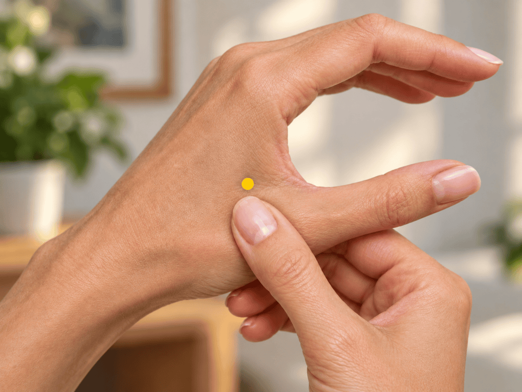 Close-up of a hand with a yellow dot marker in the webbing between the thumb and index finger, indicating LI4.