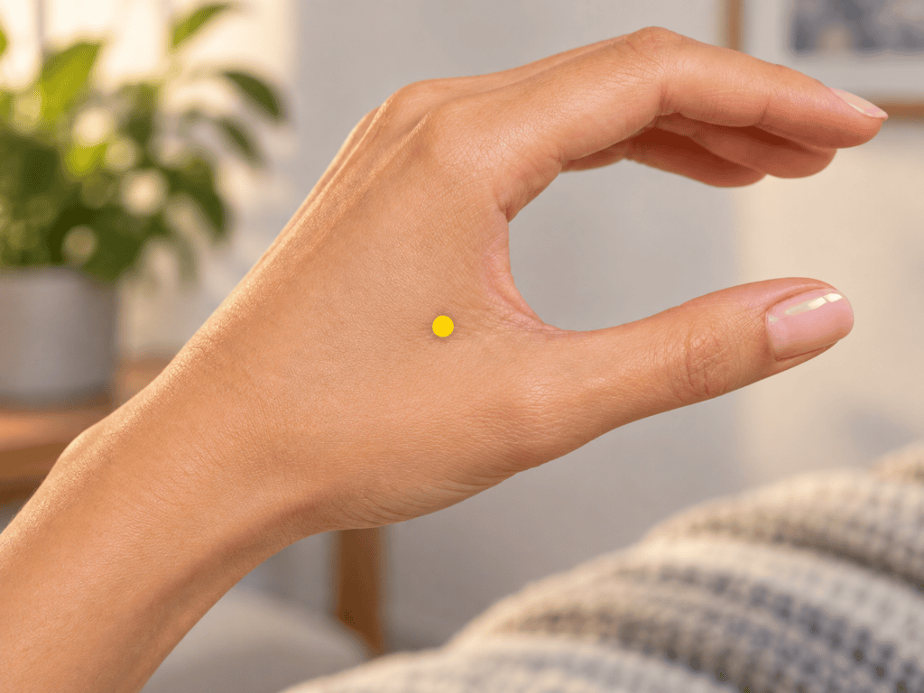 Close-up of a hand with a yellow dot marker in the webbing between the thumb and index finger, indicating LI4.
