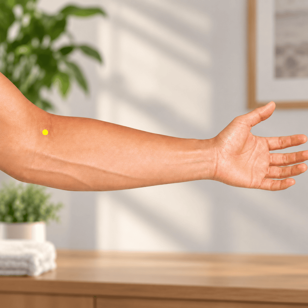Close-up of an inner elbow crease with a yellow dot marker on the thumb side just outside the central tendon, indicating LU5.