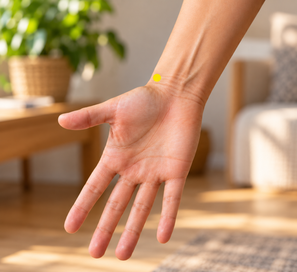 Close-up of the thumb side of a forearm with a yellow dot marker two finger-widths above the wrist crease on the edge of the bone, indicating LU7.