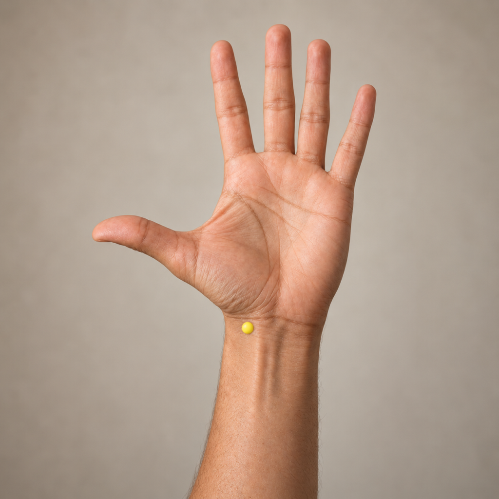 Close-up of an inner wrist with a yellow dot marker on the thumb side in the hollow at the pulse, indicating LU9.