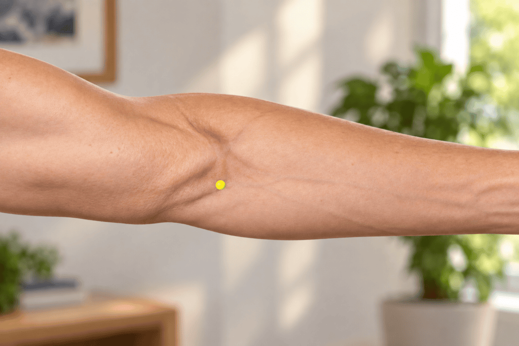 Close-up of an inner elbow crease with a yellow dot marker just to the pinky side of the central tendon, indicating PC3.