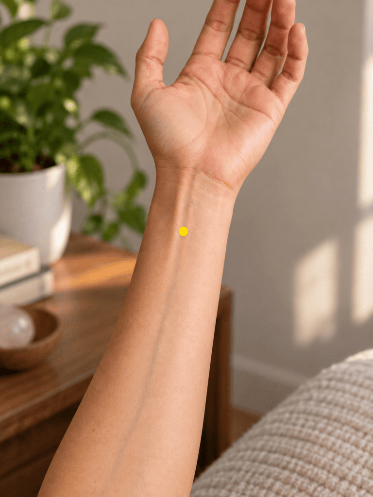 Close-up of an inner forearm with a yellow dot marker three finger-widths above the wrist crease between the two tendons, indicating PC6.