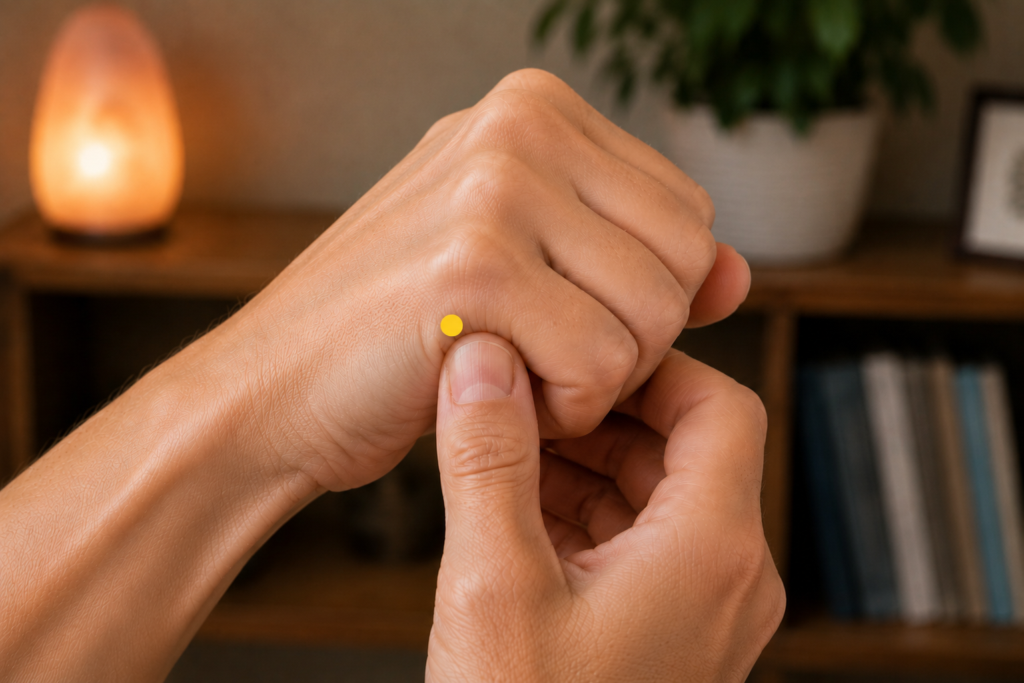 Close-up of the outer edge of a hand with a yellow dot marker below the little finger knuckle, indicating SI3.