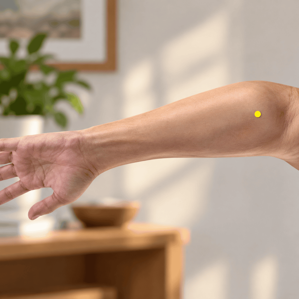 Close-up of an inner elbow with a yellow dot marker in the groove between the elbow tip and the inner bony bump, indicating SI8.