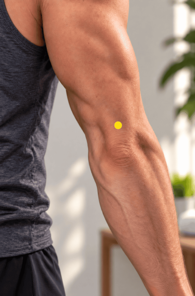 Close-up of a bent elbow with a yellow dot marker in the hollow just above the tip of the elbow, indicating SJ10.