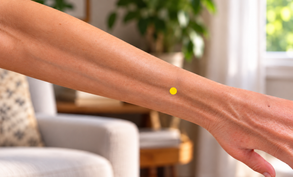 Close-up of the back of a forearm with a yellow dot marker four finger-widths above the wrist crease between the two bones, indicating SJ6.