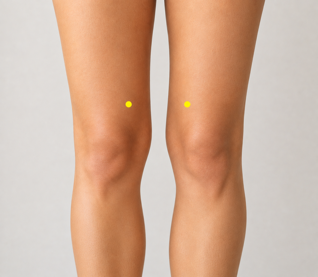 Close-up of an inner thigh with a yellow dot marker three finger-widths above the inner upper corner of the kneecap, indicating SP10.