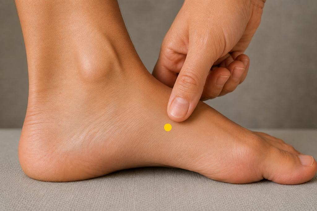 Close-up of the inner arch of a foot with a yellow dot marker in the depression below and ahead of the big-toe joint, indicating SP4.