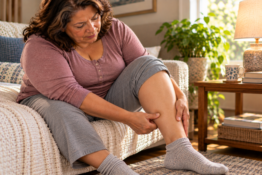 Woman seated comfortably in soft socks pressing SP6 on the inner lower leg above the ankle.