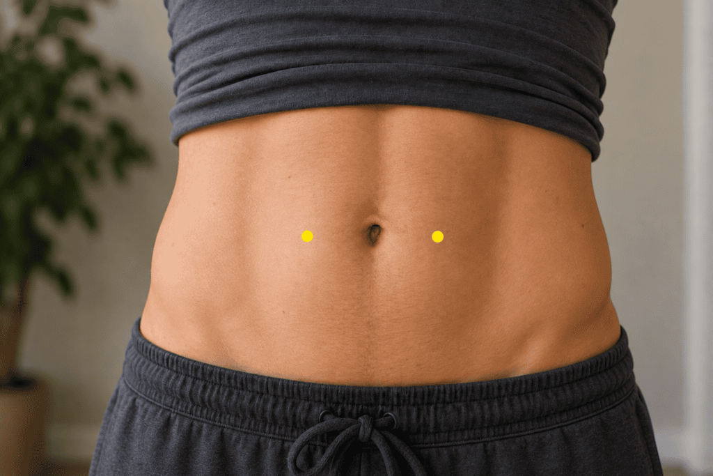 Close-up of a modestly framed abdomen with yellow dot markers three finger-widths to each side of the navel, indicating ST25.