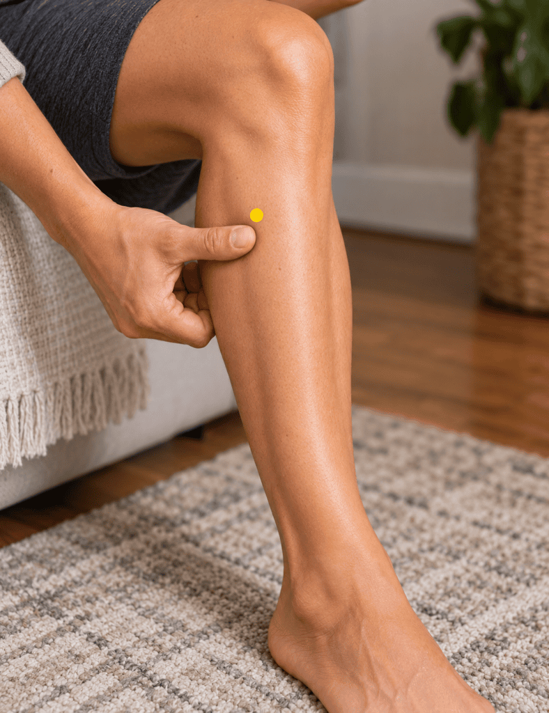 Close-up of a lower leg with a yellow dot marker four finger-widths below the kneecap and one finger-width outside the shinbone, indicating ST36.