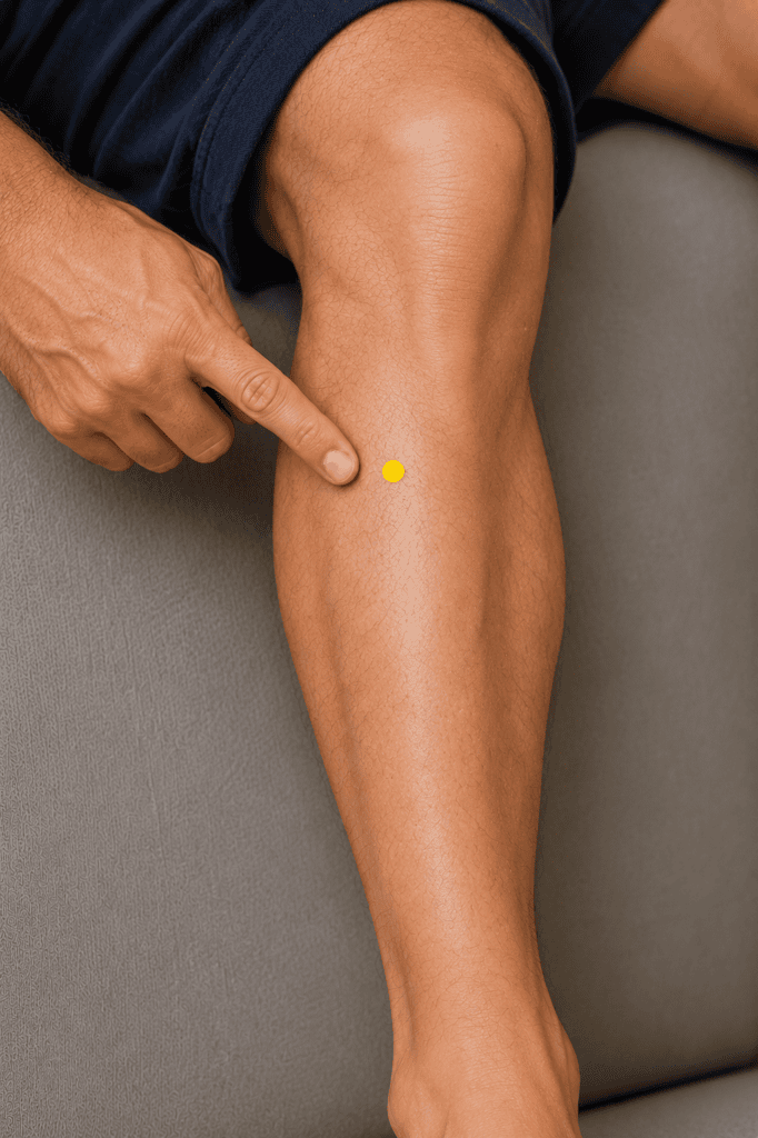 Close-up of a lower leg with a yellow dot marker four finger-widths below the kneecap and one finger-width outside the shinbone, indicating ST36.