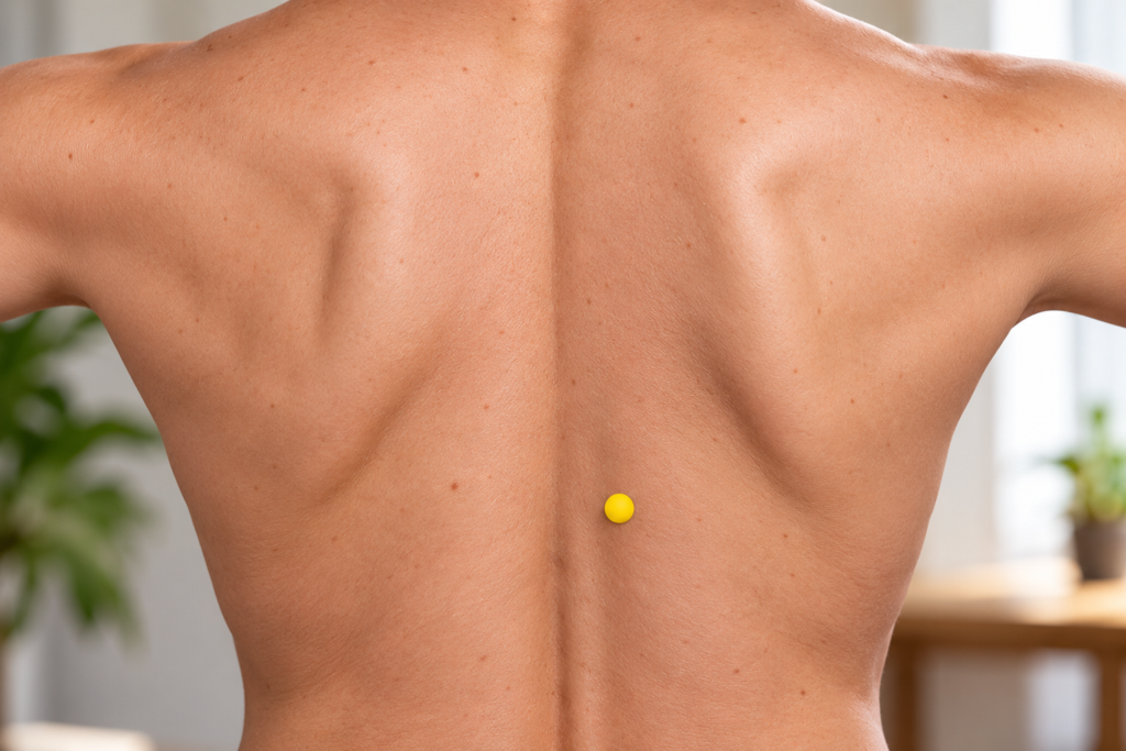 Close-up of a mid back with yellow dot markers two finger-widths out from the spine just below the level of the shoulder blades, indicating Yishu.