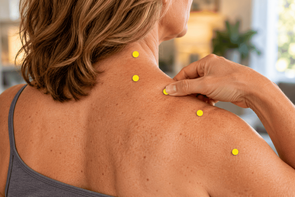 Close-up of a person's upper back and shoulder with yellow dot markers on several tender spots, indicating Ashi points.