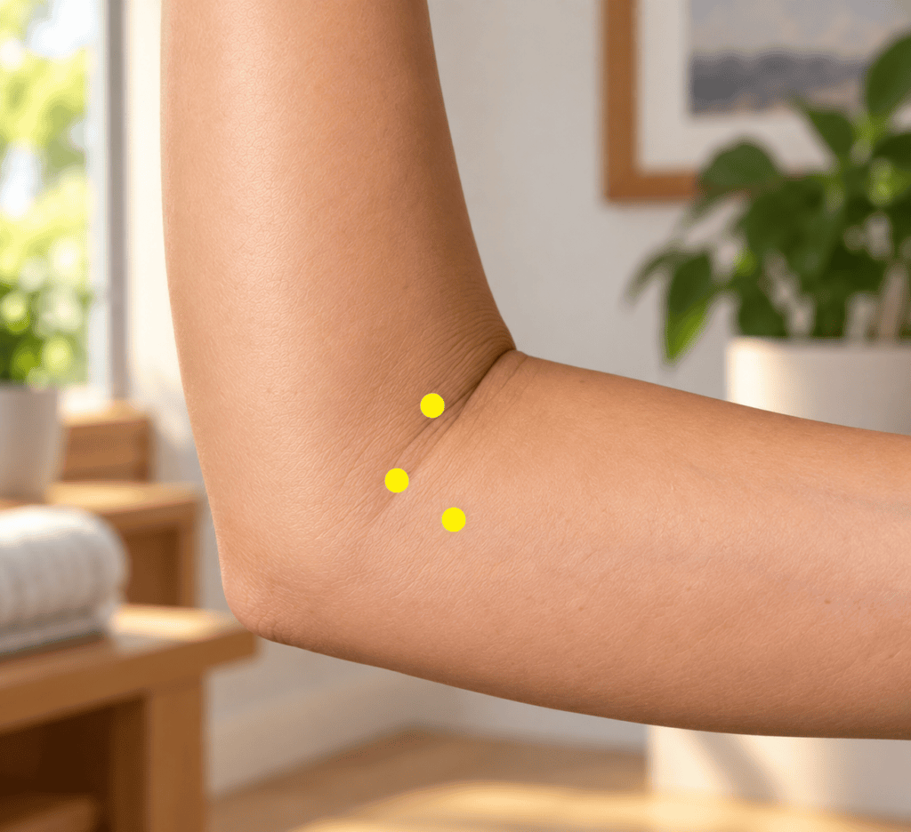 Close-up of an inner elbow and upper inner forearm with yellow dot markers on the most tender spots, indicating Ashi points.