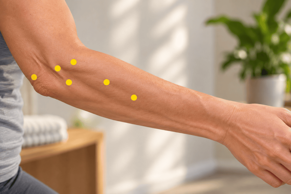 Close-up of an outer elbow and upper forearm with yellow dot markers on the most tender spots, indicating Ashi points.