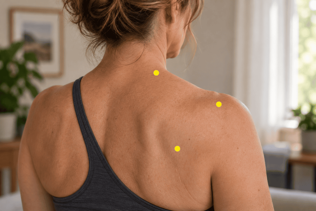 Close-up of a shoulder and upper back with yellow dot markers on the most tender spots, indicating Ashi points.