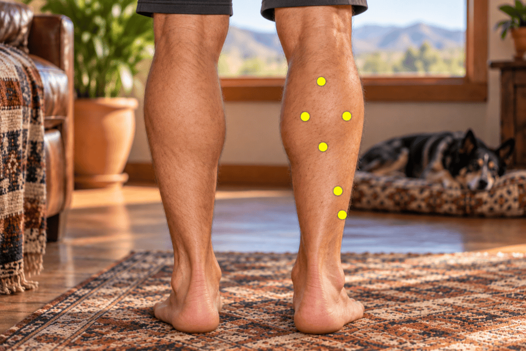 Close-up of a calf with yellow dot markers on the tightest muscle knots, indicating Ashi points.