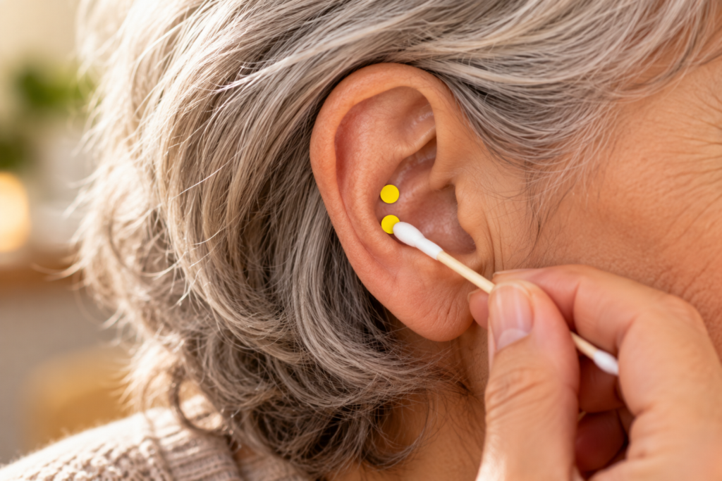 Close-up of an ear with yellow dot markers in the bowl of the ear at the end of the inner ridge and just below and behind it, indicating the ear Stomach and Spleen points.